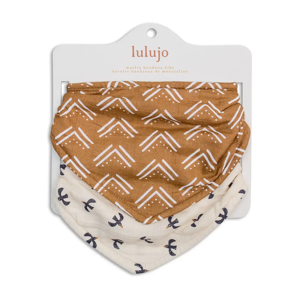 Lulujo Bandana Bibs 2pk-Muslin Mudcloth + Black Birds