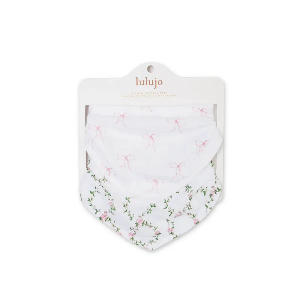Lulujo Bandana Bibs 2pk-Muslin Bows + Rose Trellis