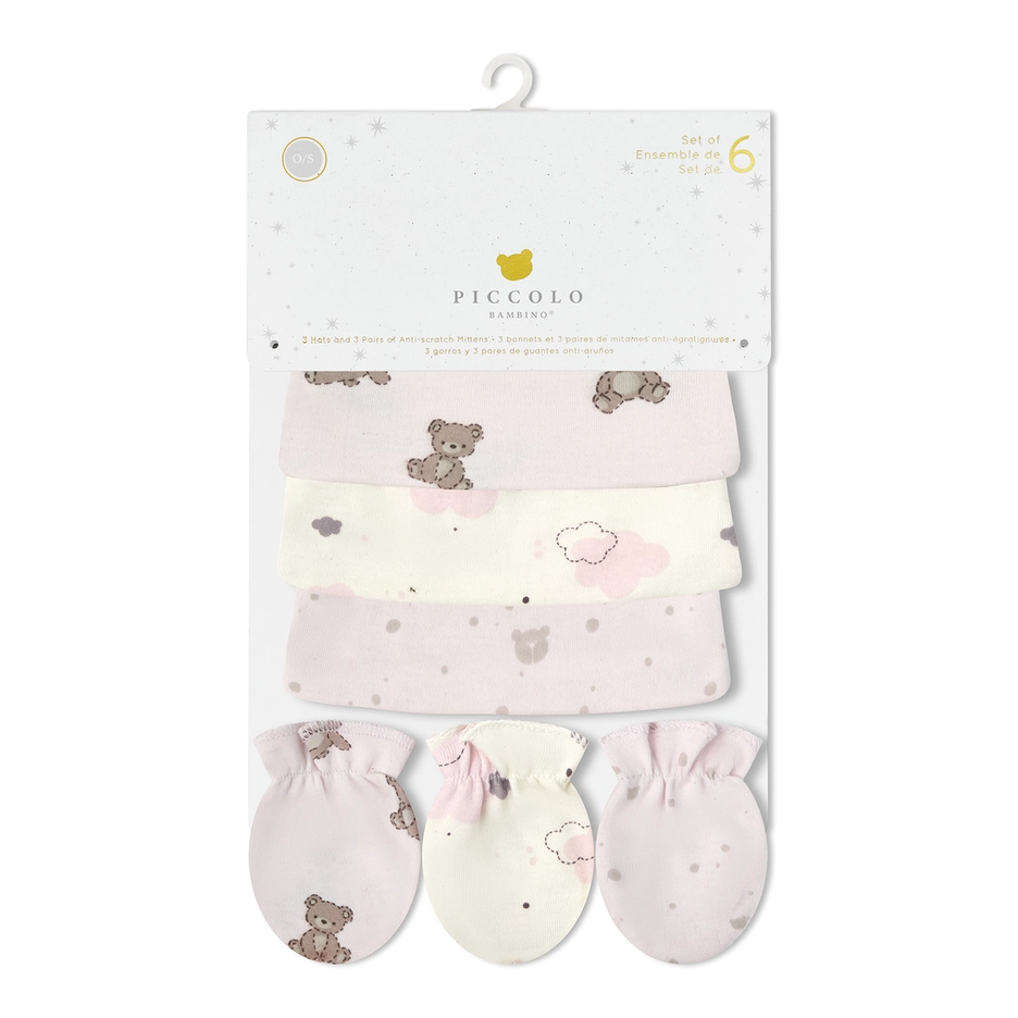Piccolo-3PK Hat & 3 Anti-Scratch Mittens Set - Pink