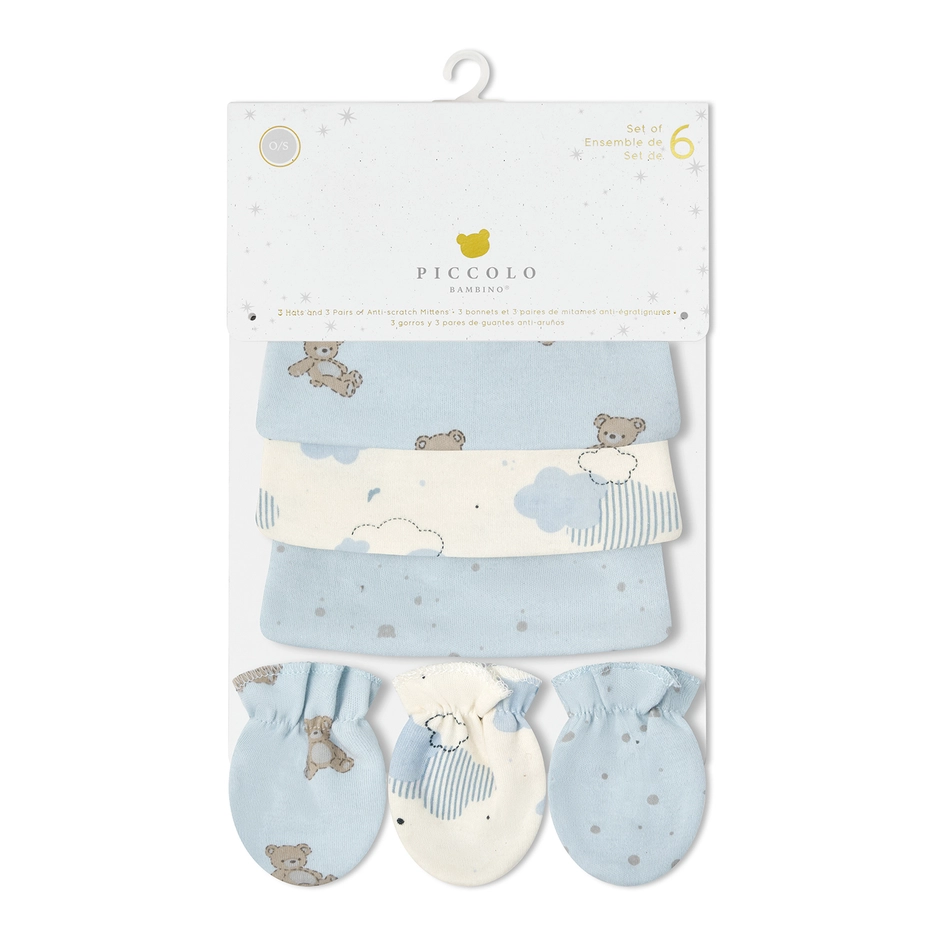 Piccolo-3PK Hat & 3 Anti-Scratch Mittens Set - Blue