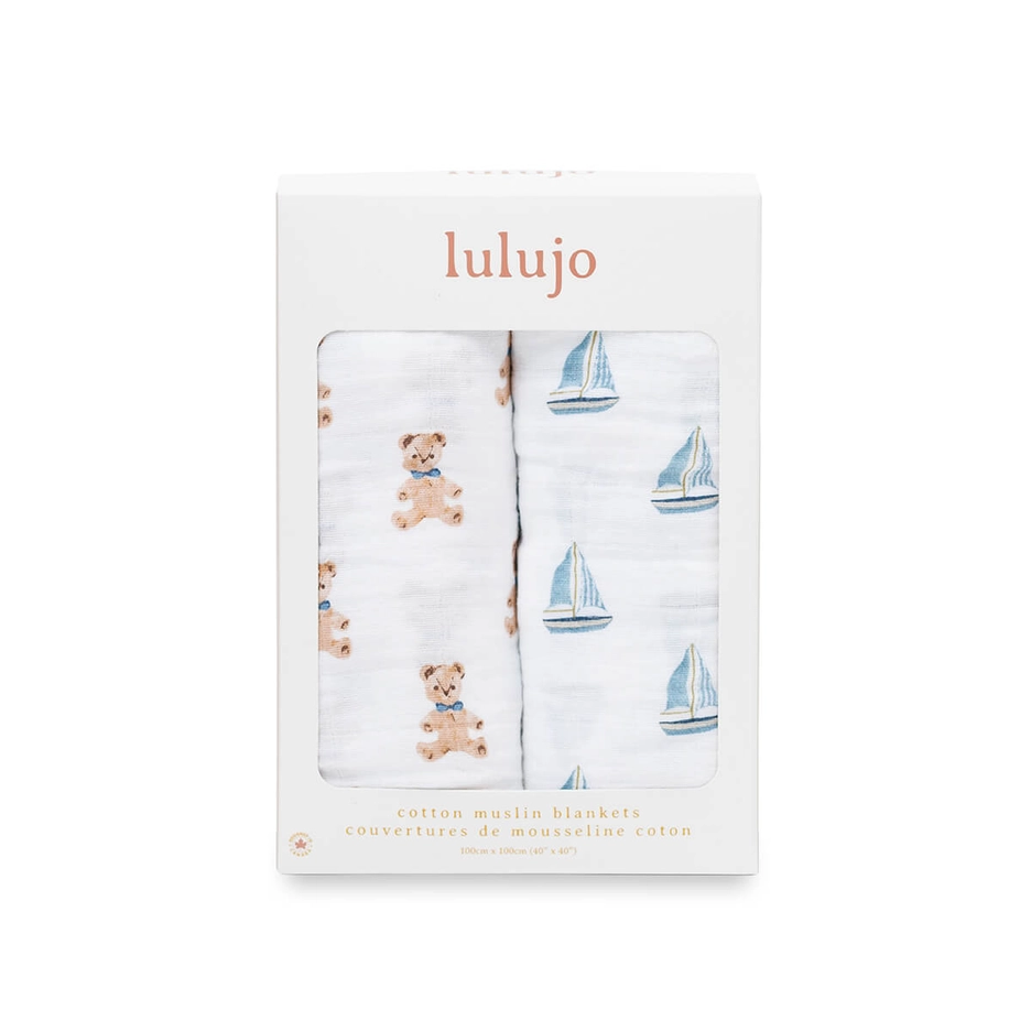 Lulujo Baby 2-Pack Cotton Swaddle Blankets – Vintage Bears & Sailboats