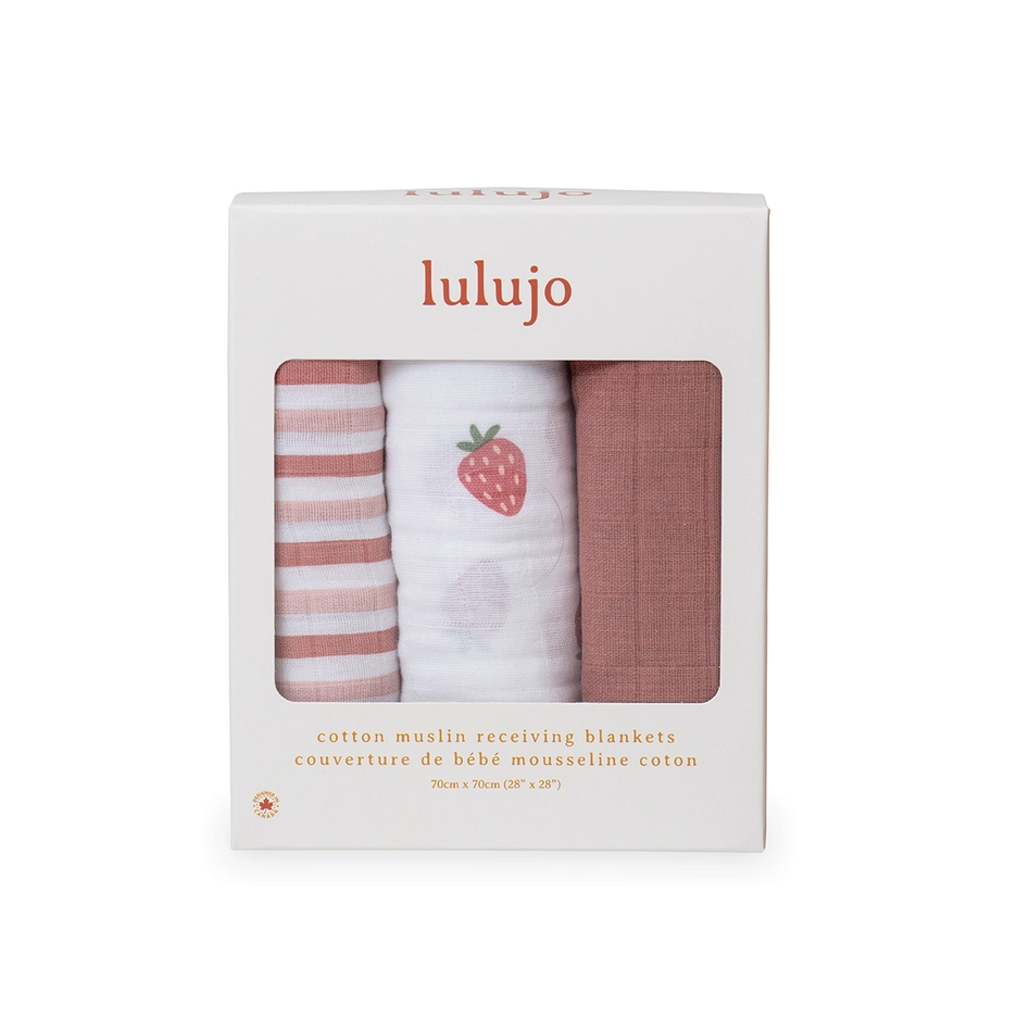 Lulujo Baby 3 Pack Muslin Receiving Blankets – Strawberries