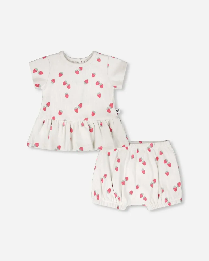 Deux Par Deux Cotton Rib Jersey Top And Short Set - White Printed Strawberries (3M)