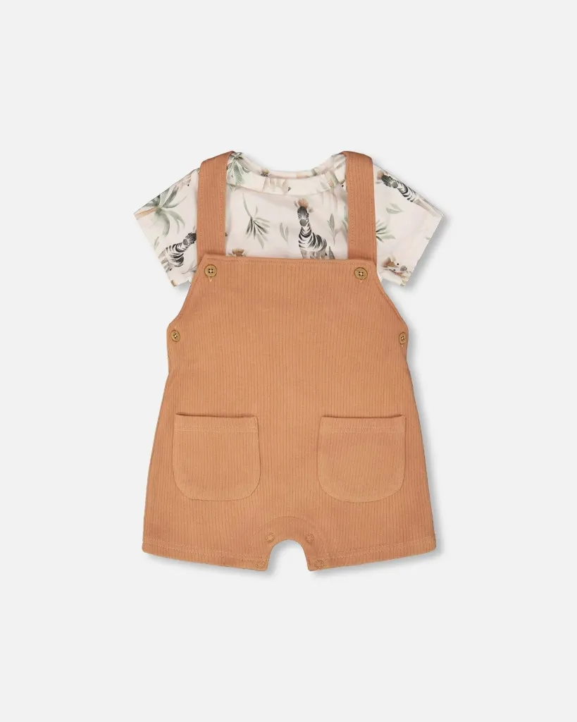 Deux Par Deux Organic Cotton Jersey Onesie And Cotton Rib Shortall Set - Beige Zebra Print And Caramel