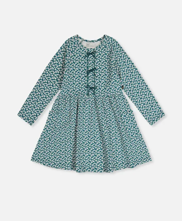 Deux Par Deux FW Organic Cotton Dress With Pockets -  Green Floral Print (2Y)