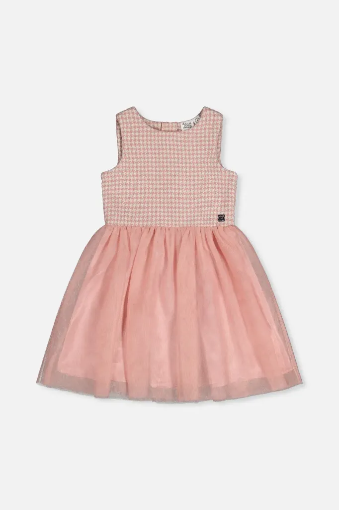Deux Par Deux Bi-Material Sleeveless Dress - Pink Houndstooth (2Y)