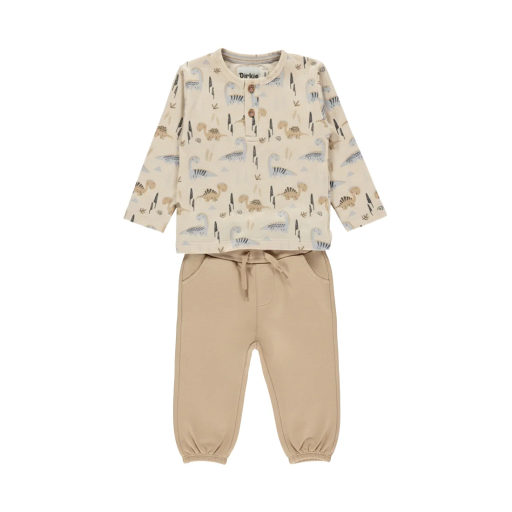 Dirkje Boys' Beige Long-Sleeve Top And Dino-Print Joggers Set - Dino (0-3M)